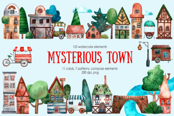 Mysterious Town Watercolor Clip Art